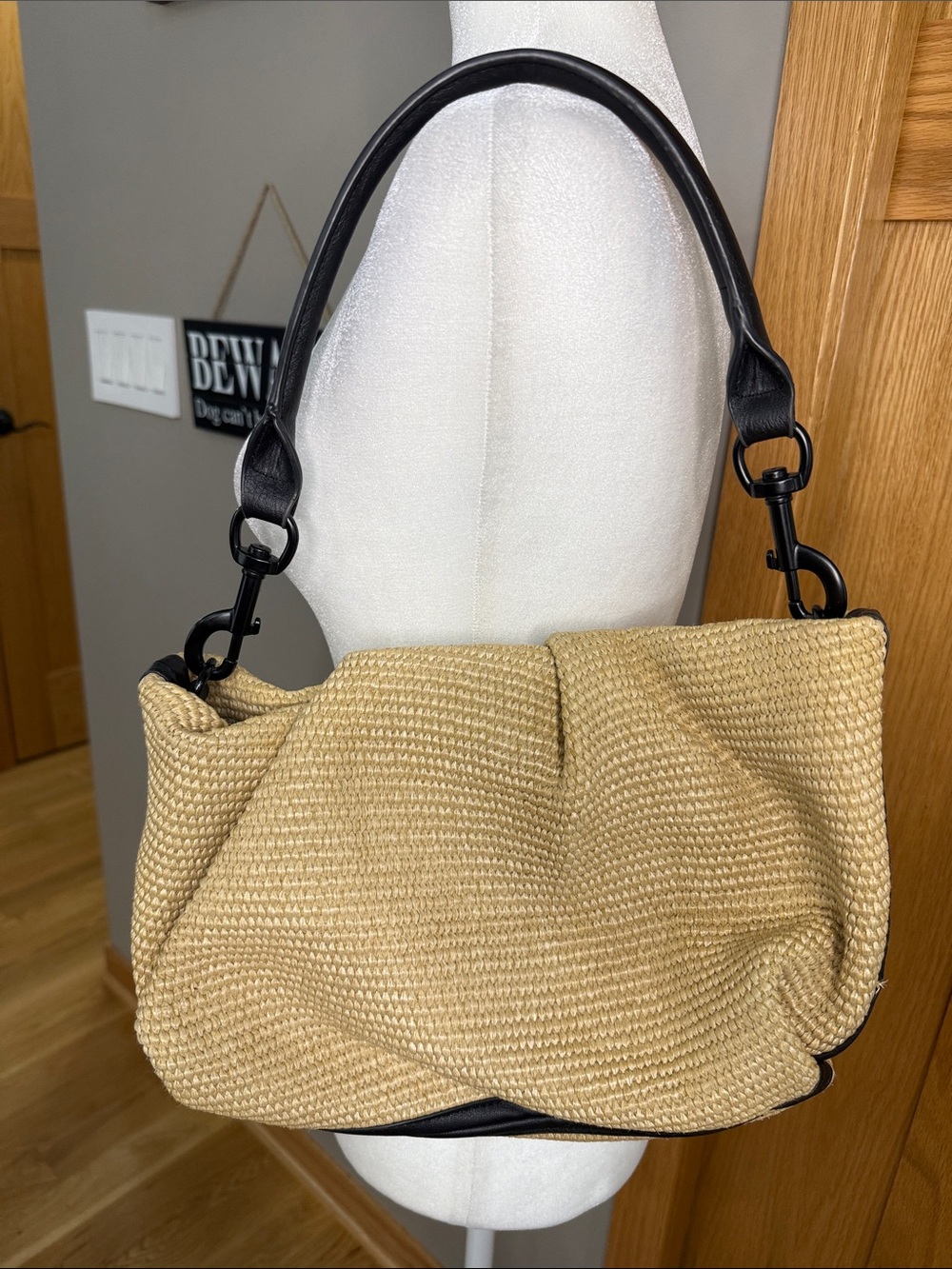 THINK ROYLN Beige Woven Shoulder Bag with Black Handle - Picture 3 of 6